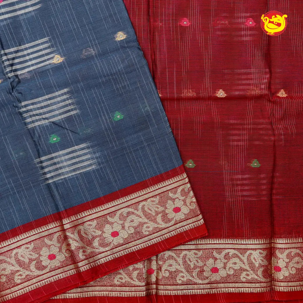 Gray & Blue with Red Pure Bengal Cotton Saree without Blouse