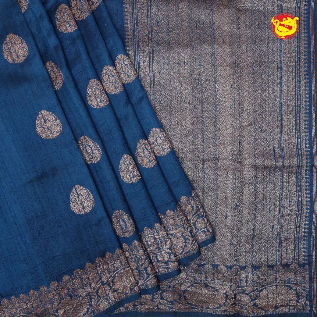 Blue With Maroon Contrast Blouse Floral Motifs Copper Zari Khadi Banarasi Tussar Silk Saree