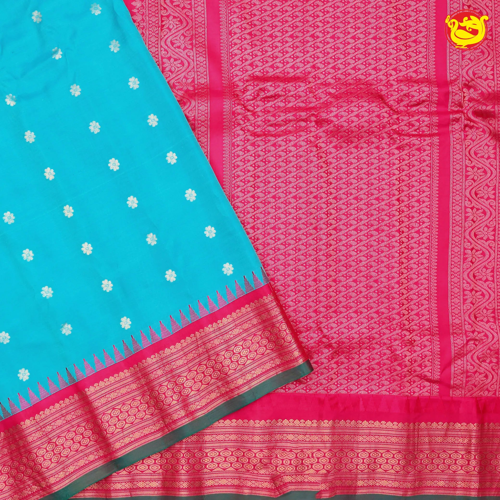 Sky blue with deep pink Gadwal silk saree