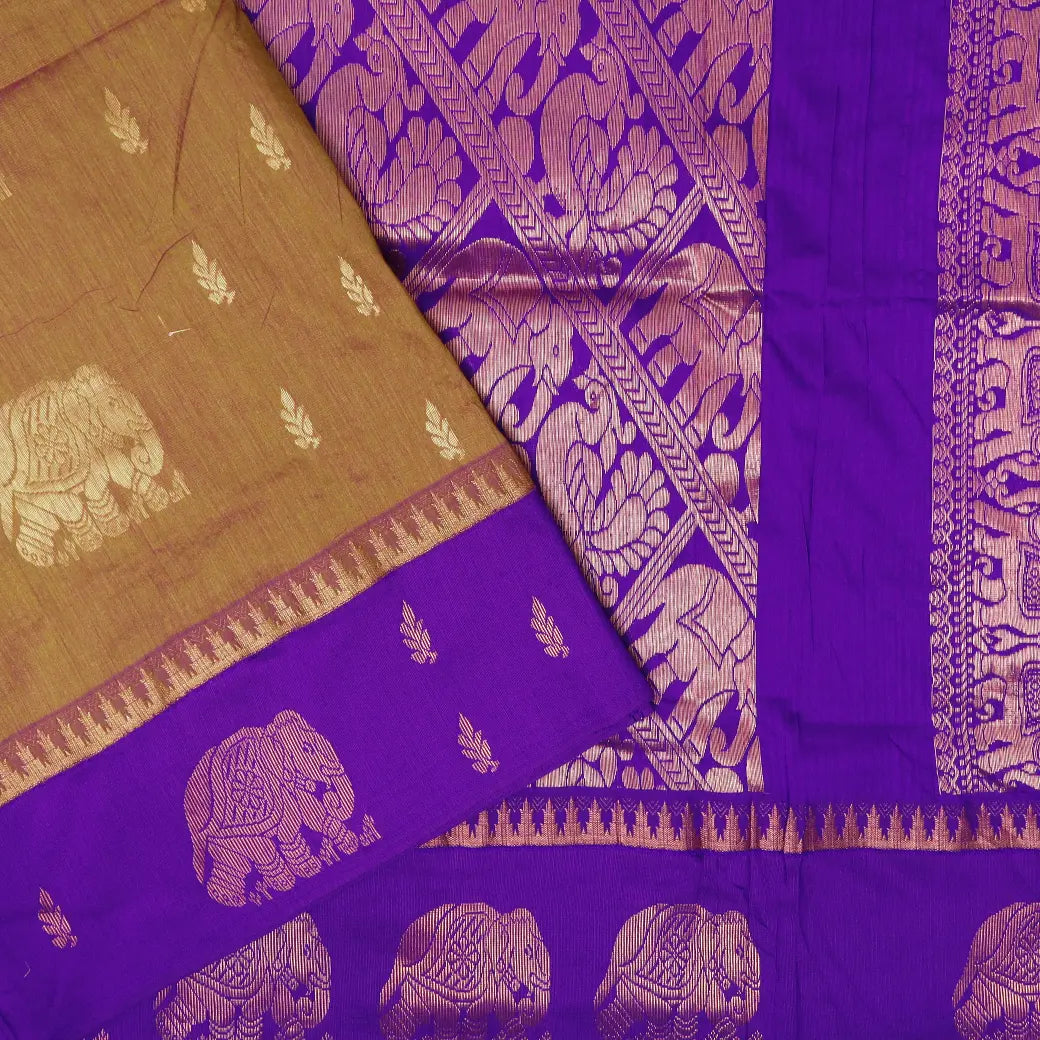 Mustard Yellow  With  Purple  Premium Quality Kalyani Cotton Saree