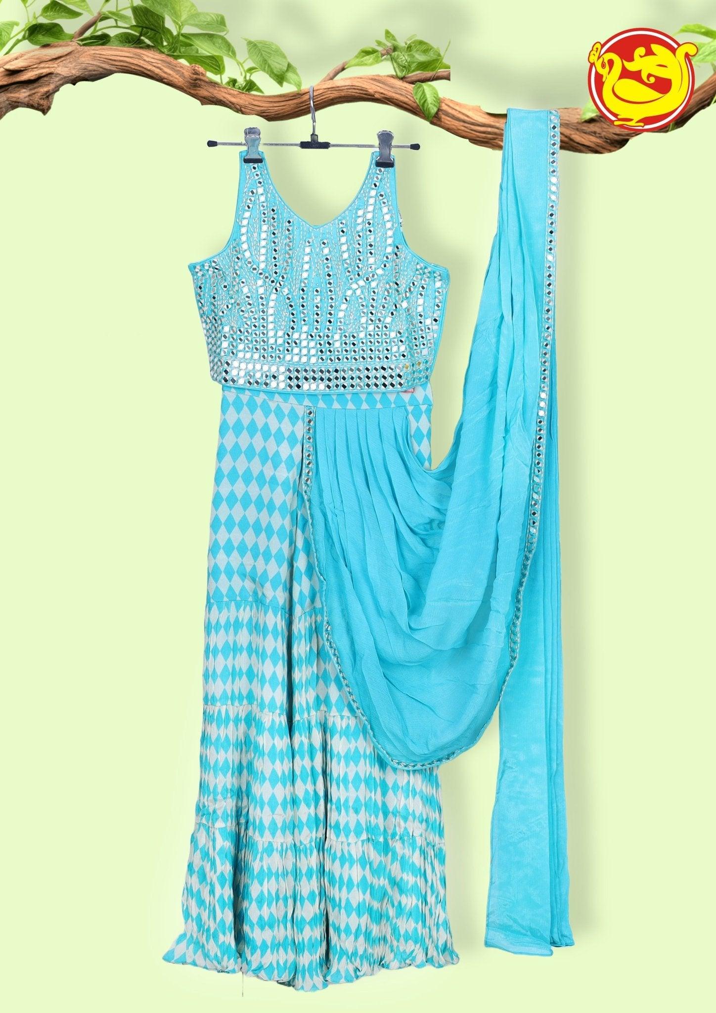 Sky Blue With Mirror Work Crop Top Sharara Saree