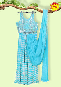 Sky Blue With Mirror Work Crop Top Sharara Saree - Thenianantham