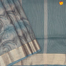 Bluish Grey with Gold Zari Border Tissue With Digital Prints saree