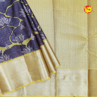 Blue With Leaf Yellow Digital Print Soft Silk Saree - Thenianantham