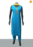 Dark Sky Blue With Sneha Green Cotton Silk Blend Straight Embroidery Kurta Pant and Dupatta Set - Thenianantham