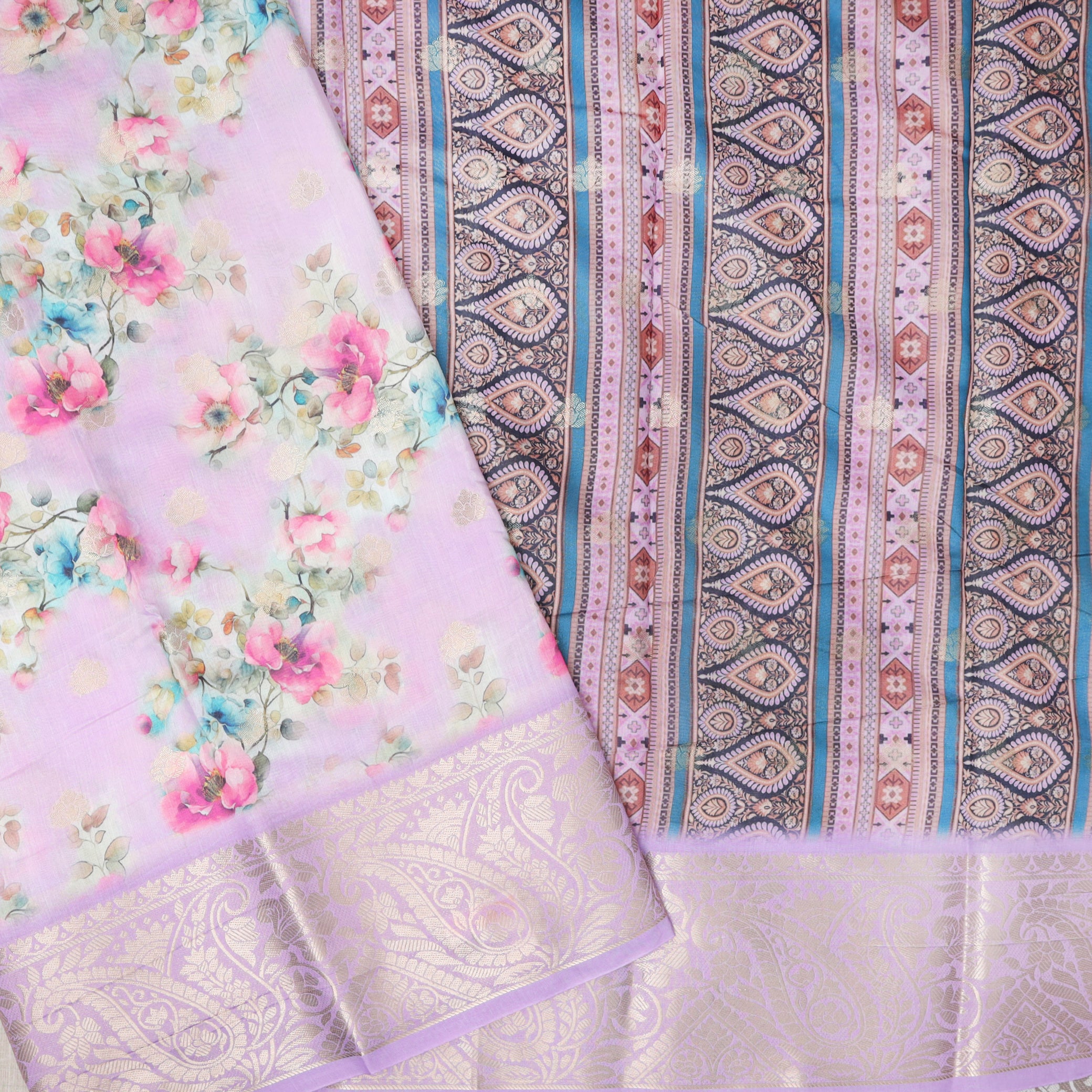 Light Purple With Pink Floral Design Dola Silk