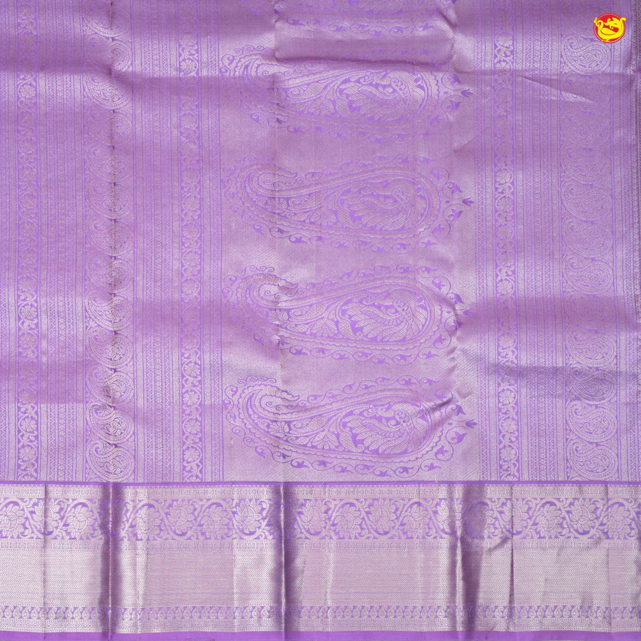 Lavender With Floral Leaf Motifs Gold Zari Border Pure Kanjivaram Subhalaya Wedding Silk Saree - Thenianantham