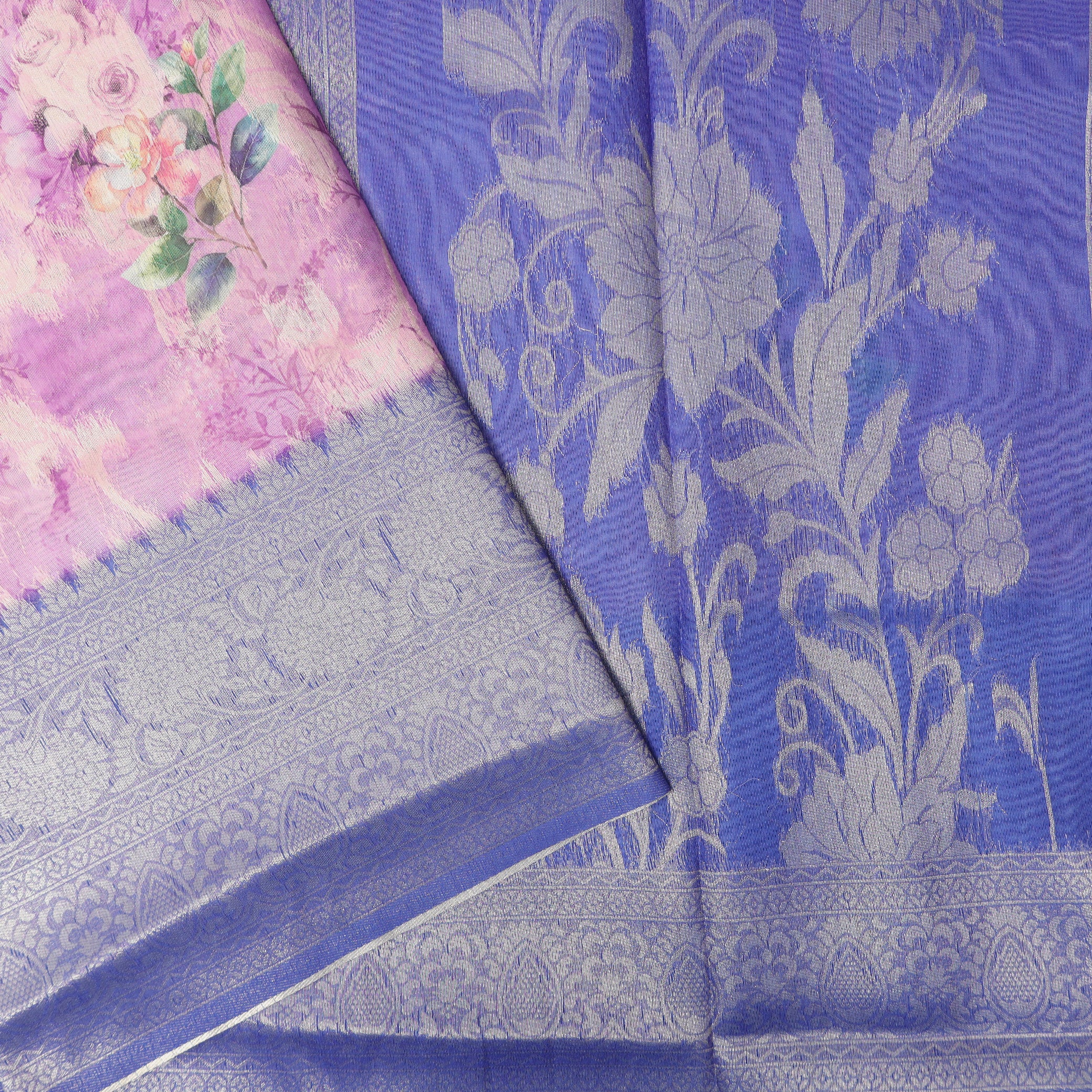 Purple with Bule Semi Burberry Silk Saree