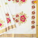 Southloom Exclusive Onam Kasavu Saree with Pink Floral High Quality Embroidery Across Body (Matching Plain Blouse Included) - Thenianantham