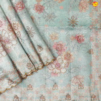 Mint Green with Cutwork and Stonework Border With Floral Digital Prints Tissue Crush saree - Thenianantham