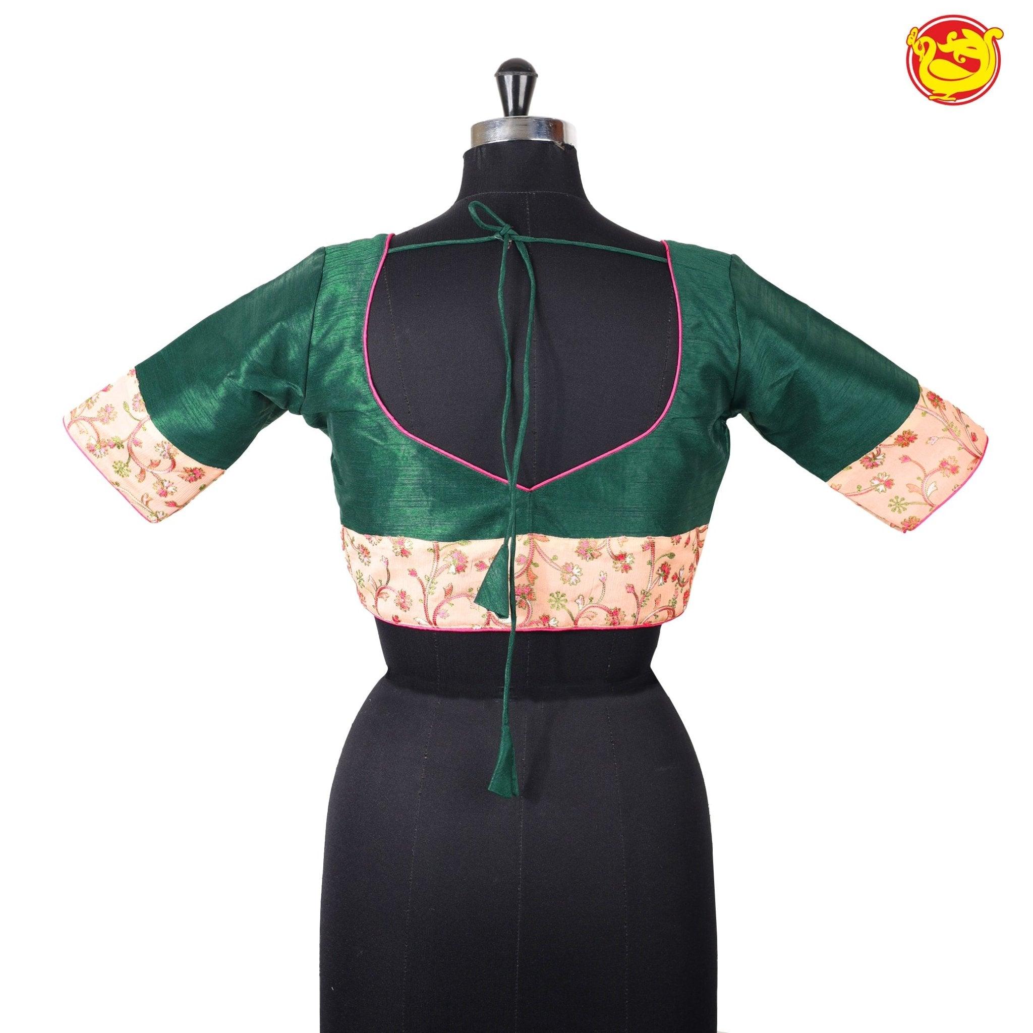 Bottle Green With Sandal Floral Embroidery Work Pure Cotton Ready made Blouse - Thenianantham