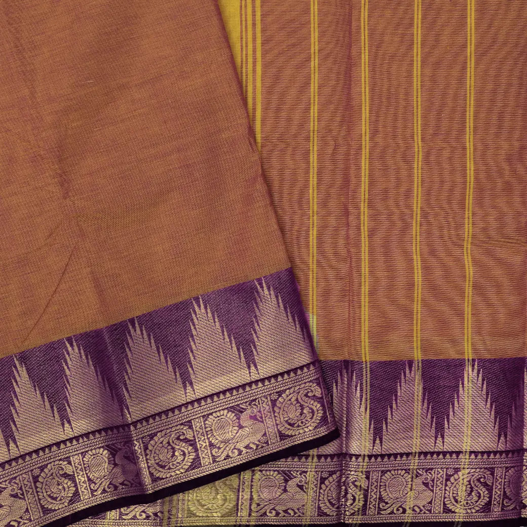 Double Shade Light Brown with Purple Pure Chettinad Cotton Saree without Blouse