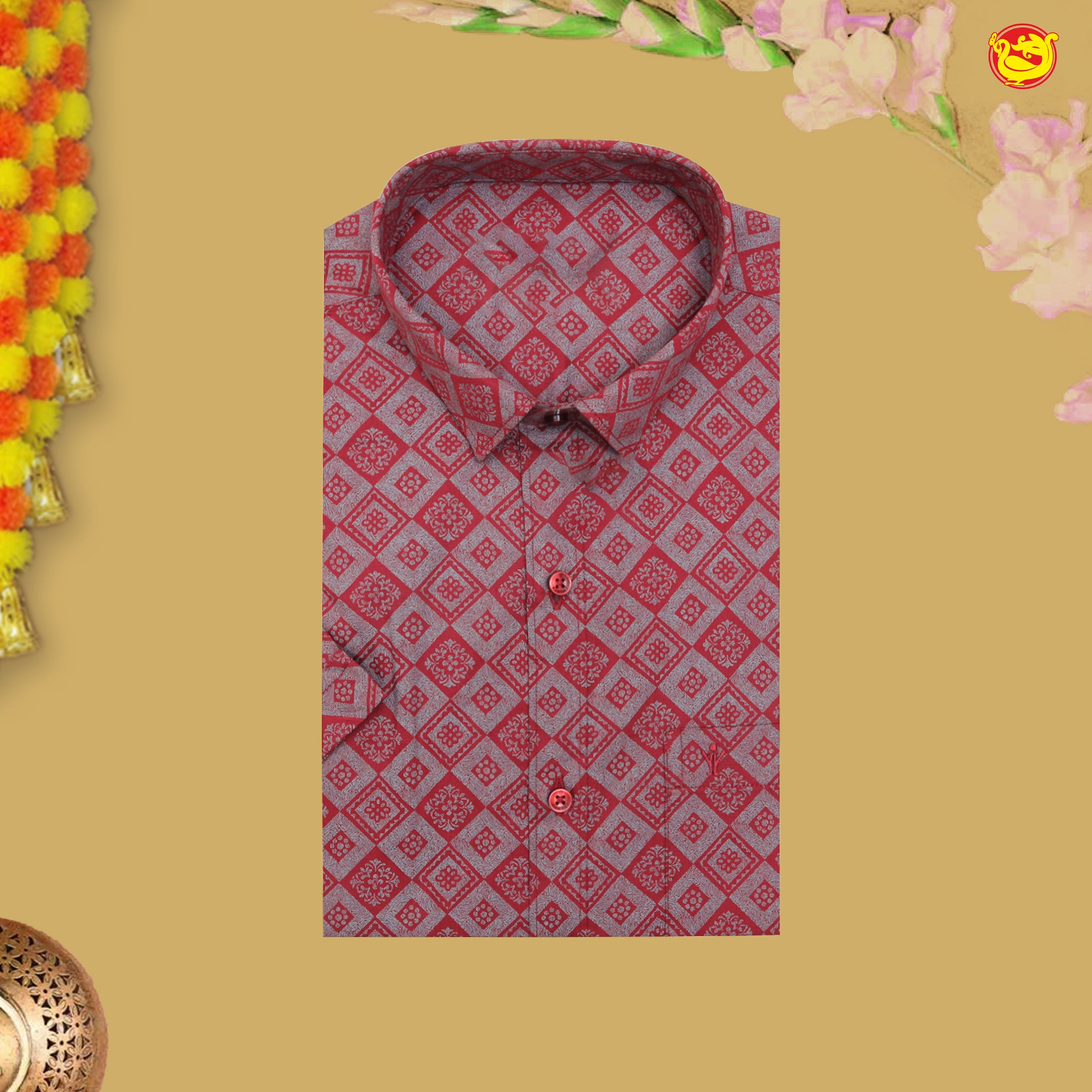 Red With White Printed Cotton  Readymade Shirt And Matching Border Dhoti Set for Men