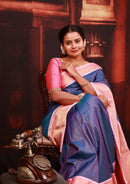 Navy Blue  With  Light Pink Copper Zari Border  Soft Silk Saree