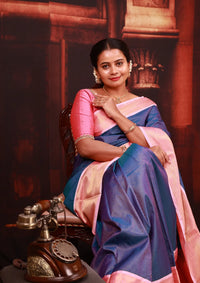 Navy Blue  With  Light Pink Copper Zari Border  Soft Silk Saree