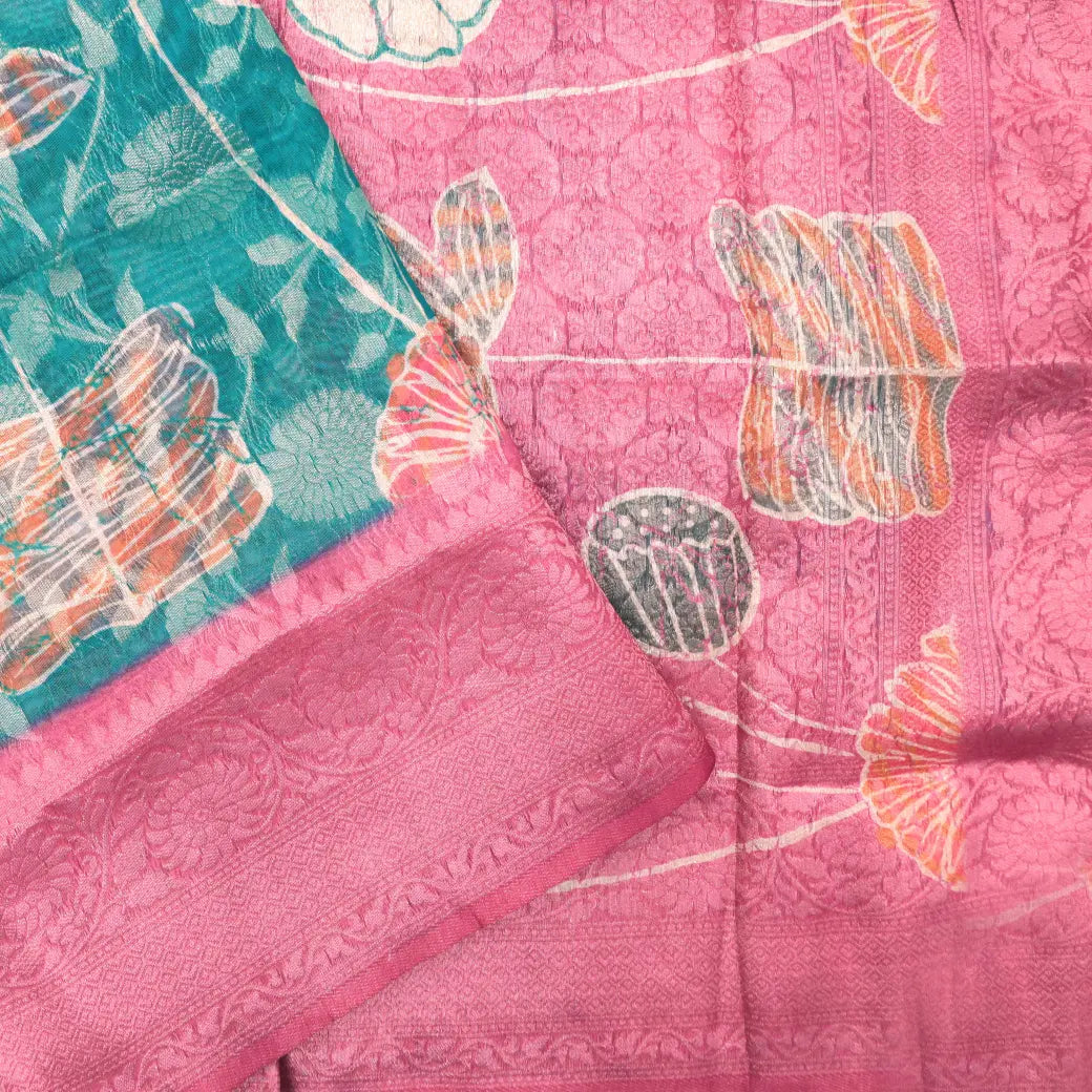 Rama Blue with Pink Semi Burberry Silk Saree