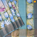 Pure Tussar Silk Saree Pastel Blue Shade and Cs Blue With Floral Design and Painted Prints and Zari Woven Border - Thenianantham