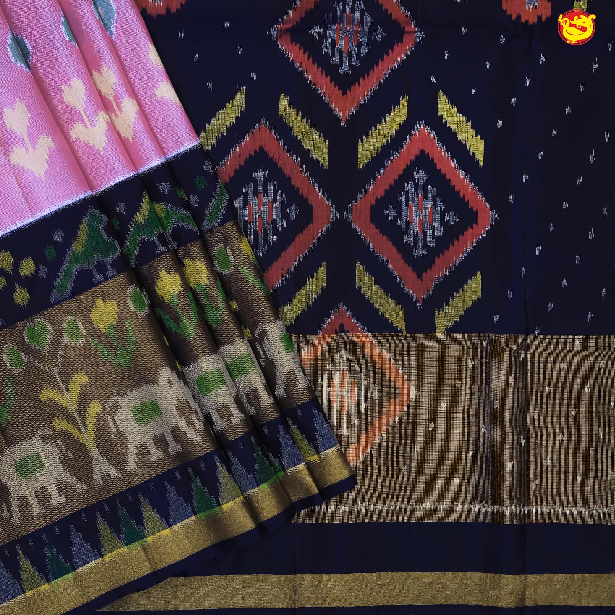 Pochampally Silk Saree Dual Shade Of Purplish Pink and Navy Blue with Allover Ikat Weaves and Ikat Style Zari Woven Border