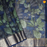 Navy Blue Pure Organza Silk With Gold Zari Border Digital Print Saree - Thenianantham