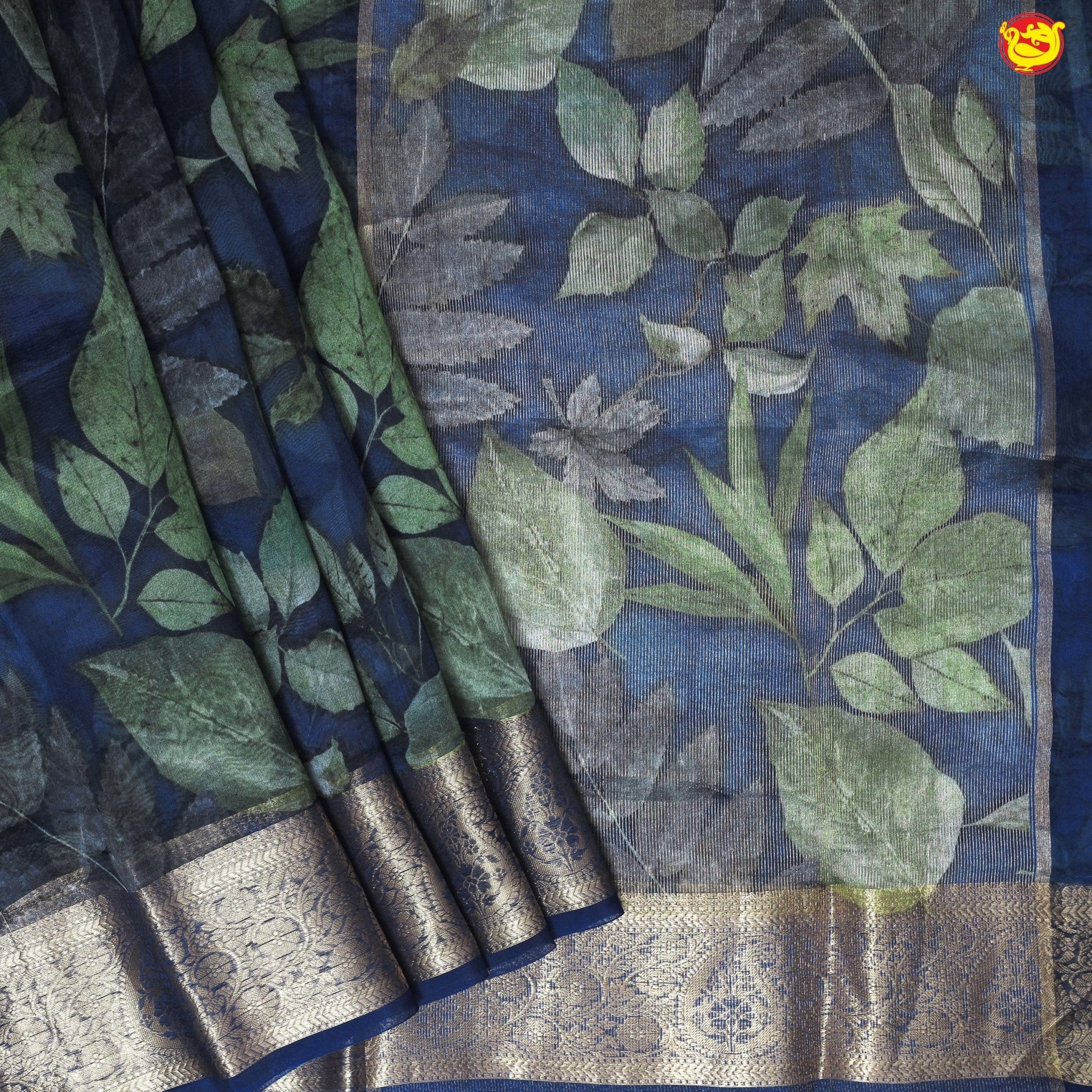 Navy Blue Pure Organza Silk With Gold Zari Border Digital Print Saree