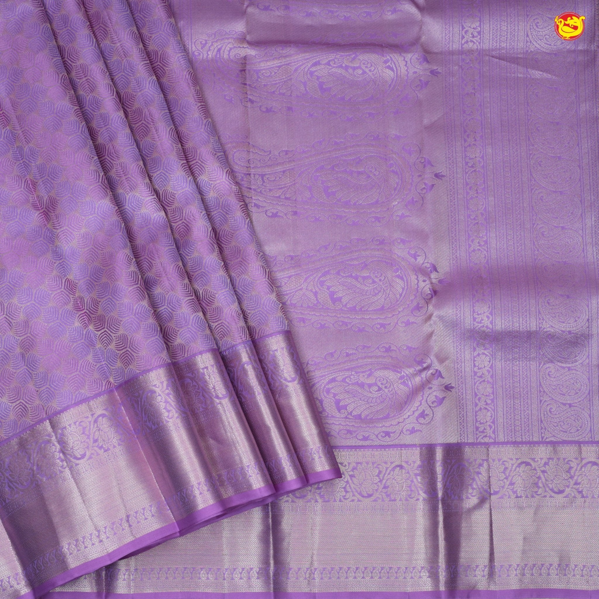 Lavender With Floral Leaf Motifs Gold Zari Border Pure Kanjivaram Subhalaya Wedding Silk Saree