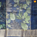 Navy Blue Pure Organza Silk With Gold Zari Border Digital Print Saree - Thenianantham