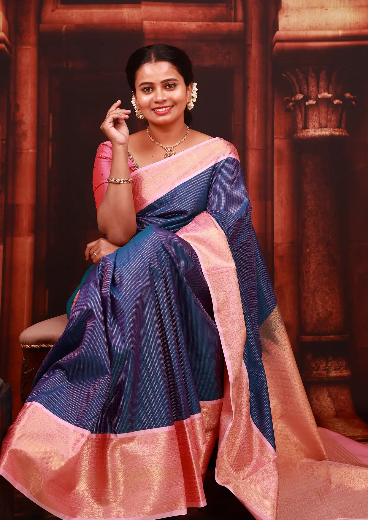 Navy Blue  With  Light Pink Copper Zari Border  Soft Silk Saree