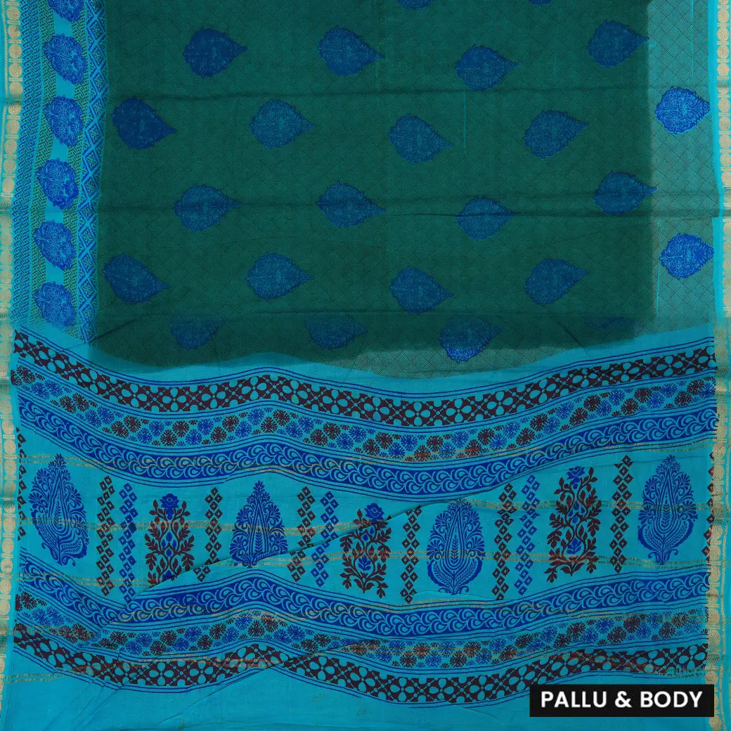 Teal Green with blue Mul Mul Cotton Saree without Blouse