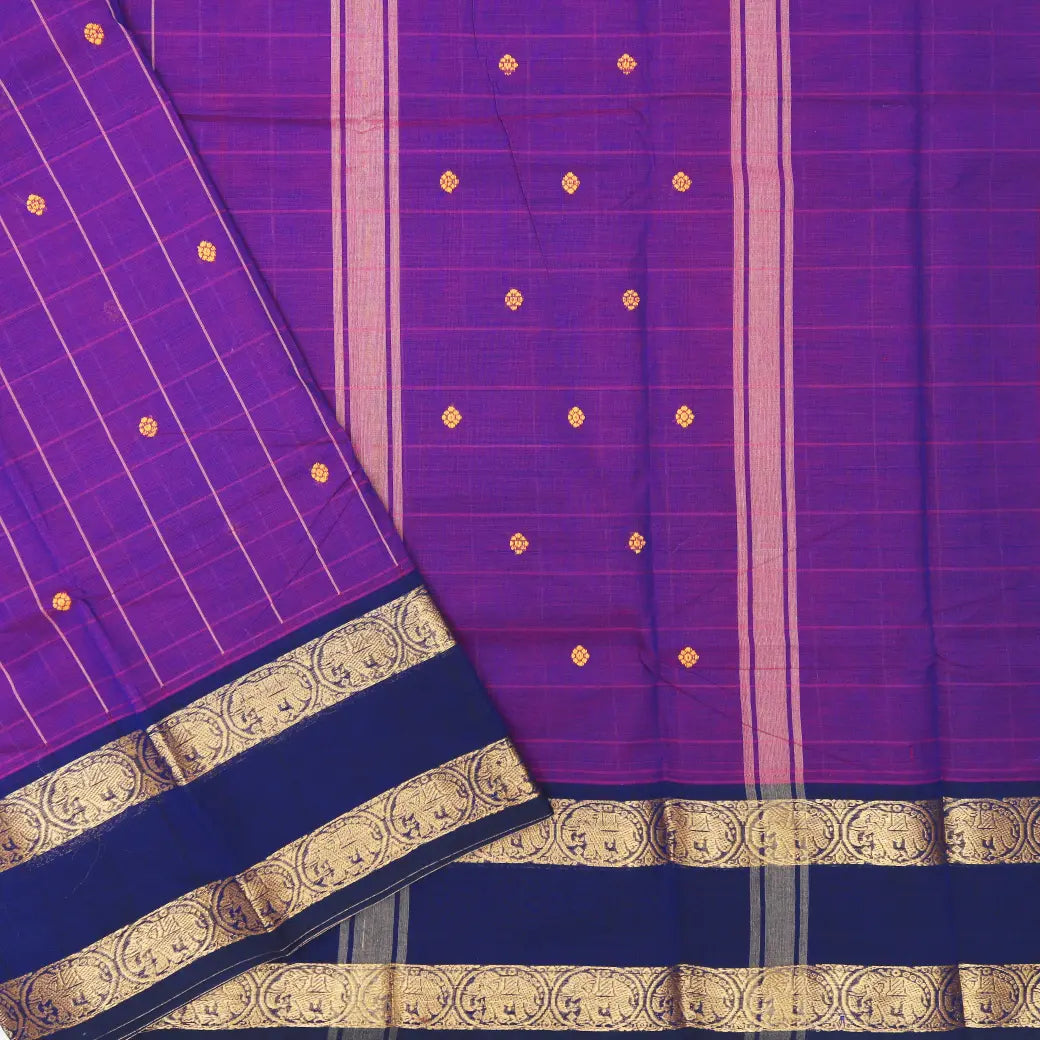 Purple with Navy Blue Striped Pattern Pure Chettinad Cotton Saree without Blouse