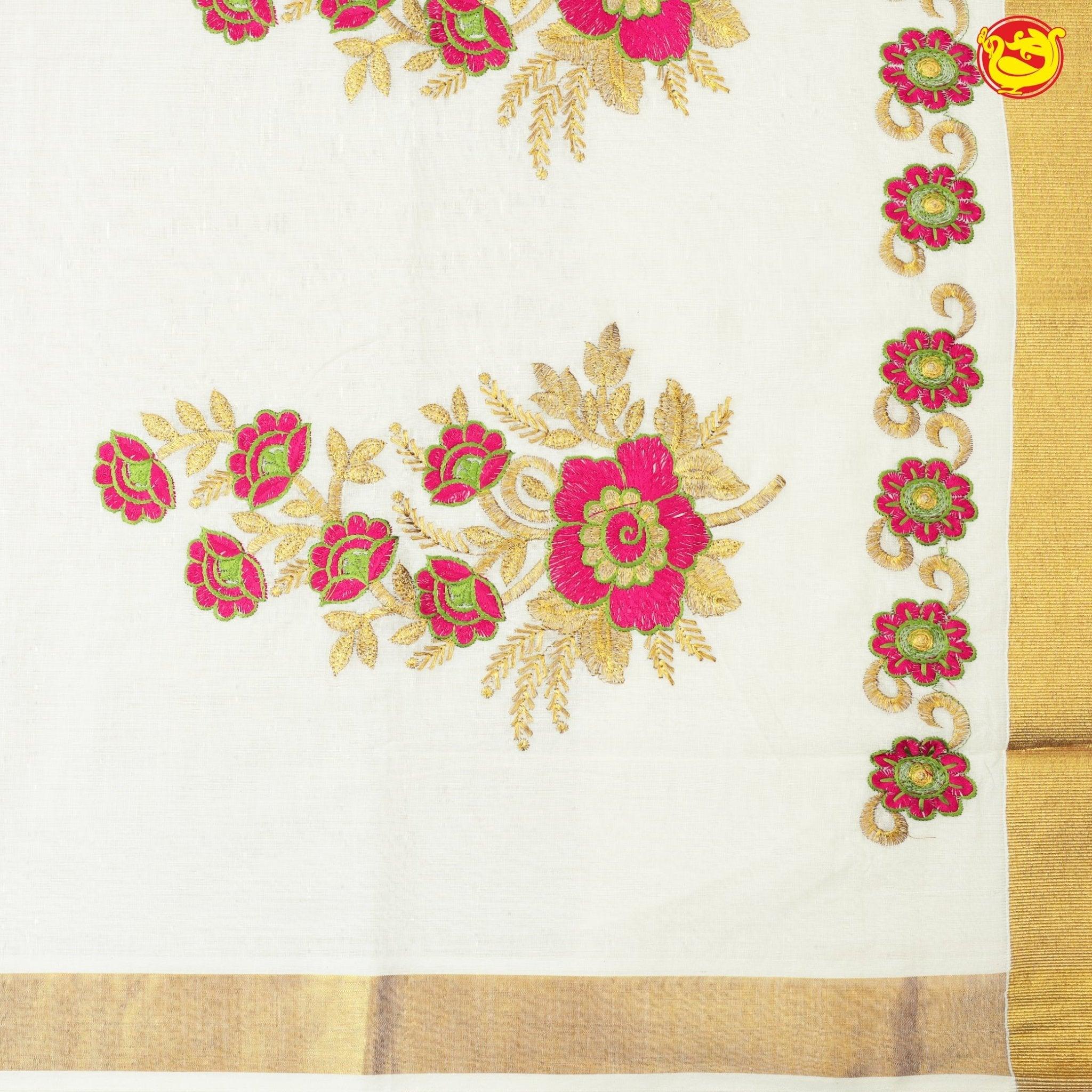 Southloom Exclusive Onam Kasavu Saree with Pink Floral High Quality Embroidery Across Body (Matching Plain Blouse Included) - Thenianantham