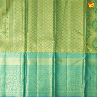 Pink With Peacock Blue Floral Motifs Gold Zari Long Border Pure Kanjivaram Subhalaya Wedding Silk Saree - Thenianantham