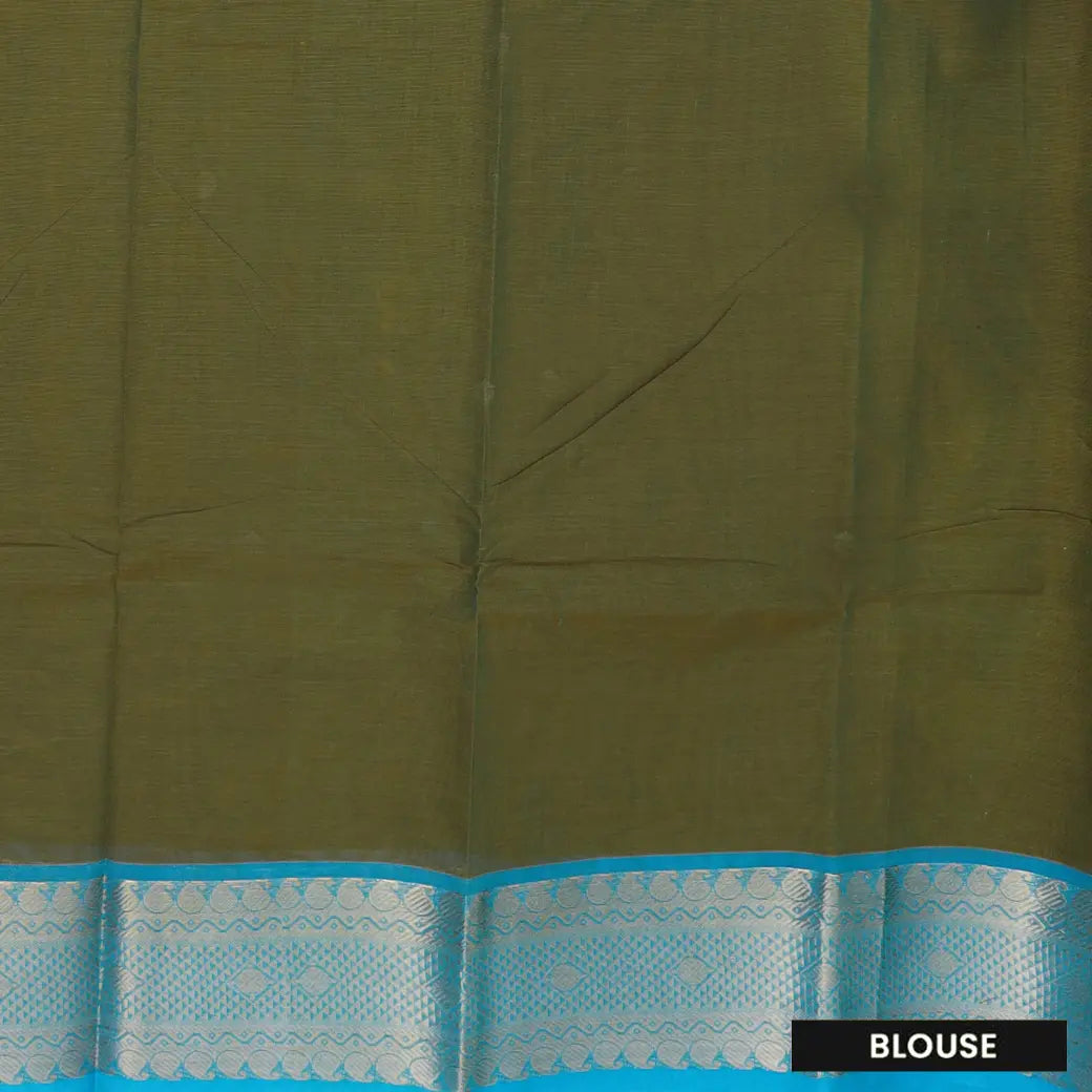 Dark Olive Green With Maroon And Turquoise Blue Border Pure Chettinad Cotton Saree with Blouse