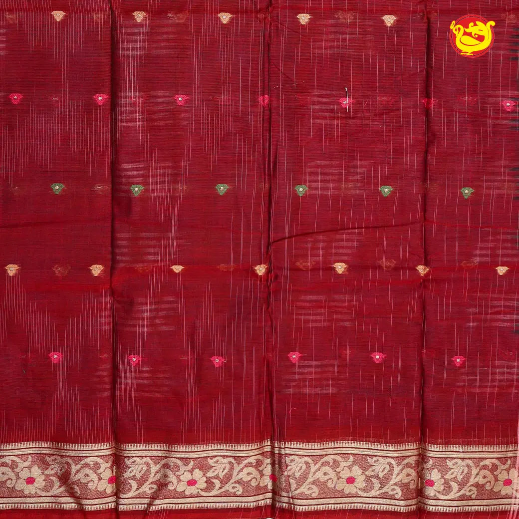 Gray & Blue with Red Pure Bengal Cotton Saree without Blouse