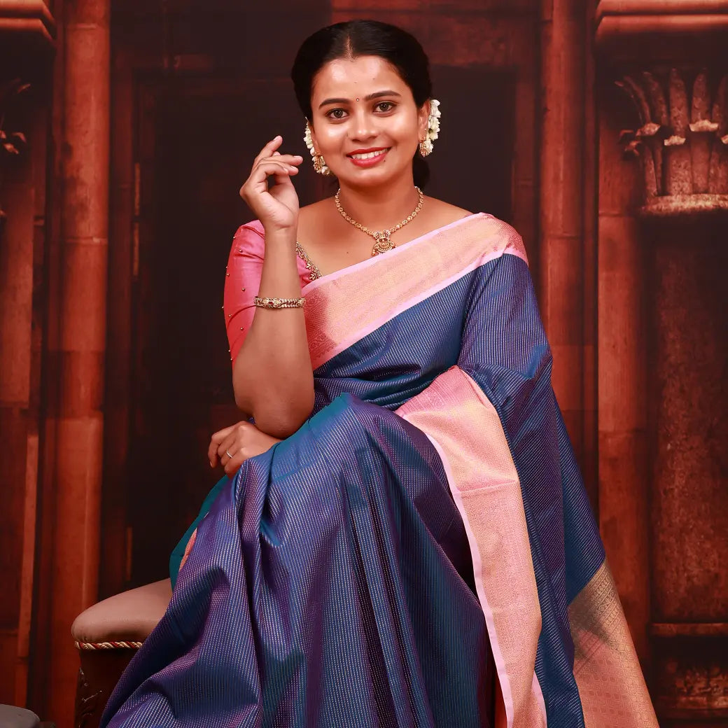 Navy Blue  With  Light Pink Copper Zari Border  Soft Silk Saree