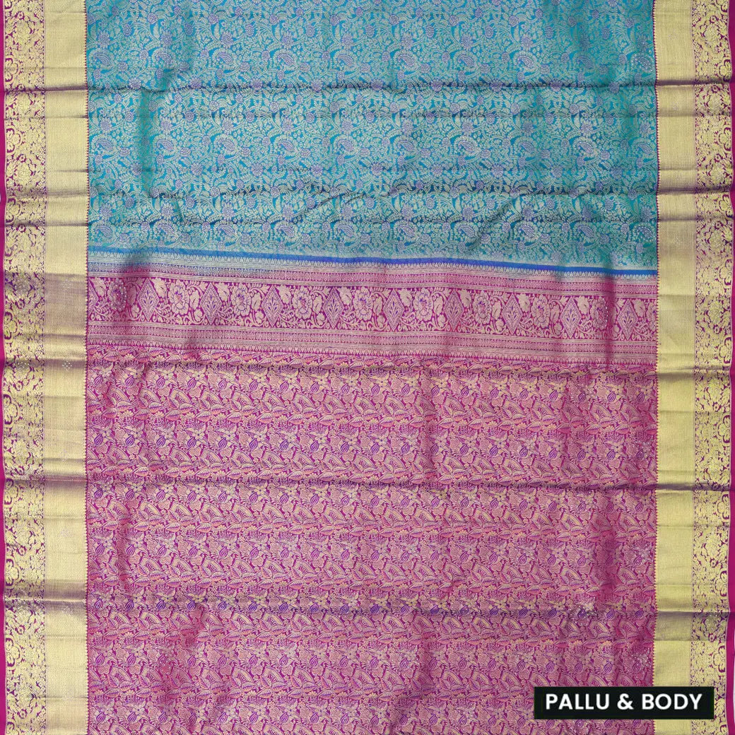 Blue  with Purple Gold Zari Border Wedding Silk Saree