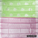 Couple Combo Tissue Silk Set – Men’s Shirt & Dhoti with Matching Women’s Saree With Pista Green With Silver Zari Border