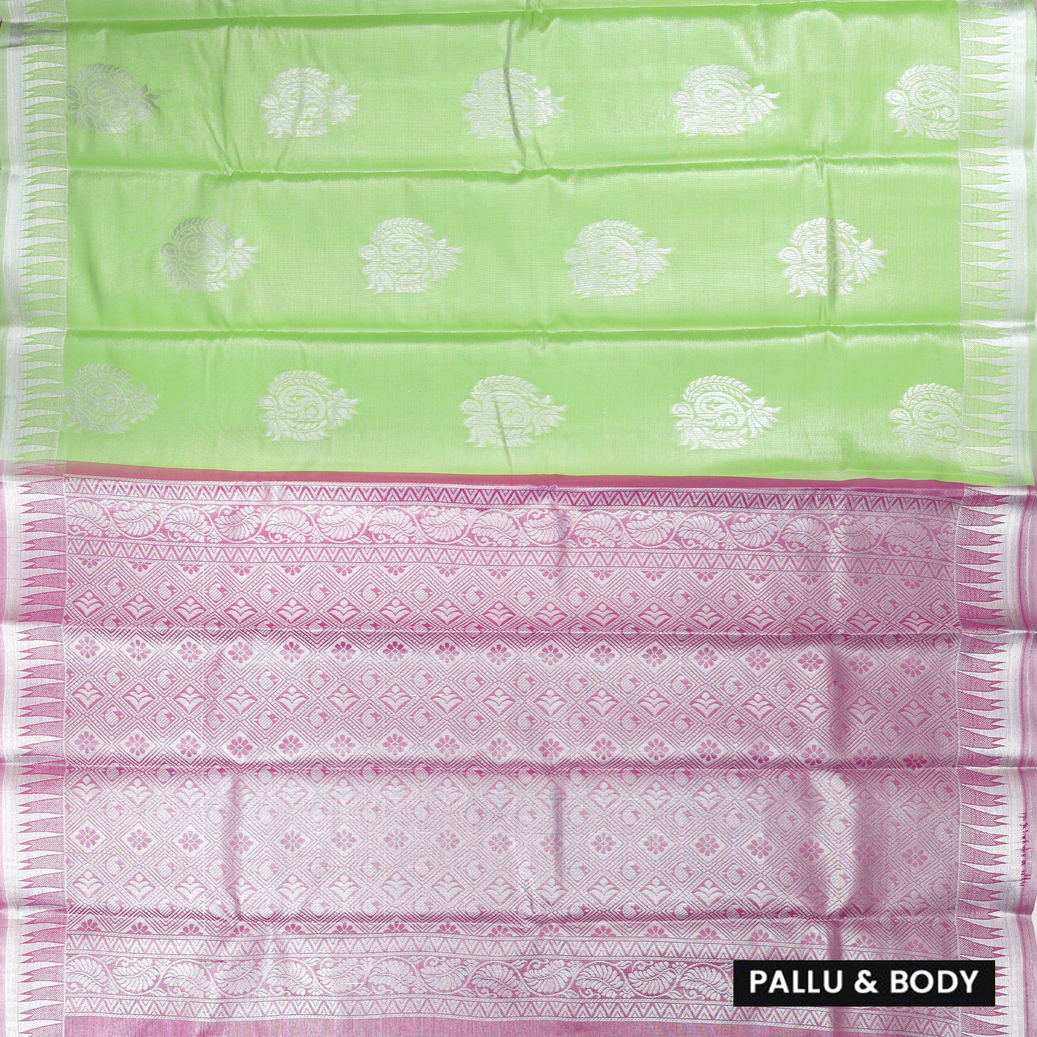 Couple Combo Tissue Silk Set – Men’s Shirt & Dhoti with Matching Women’s Saree With Pista Green With Silver Zari Border