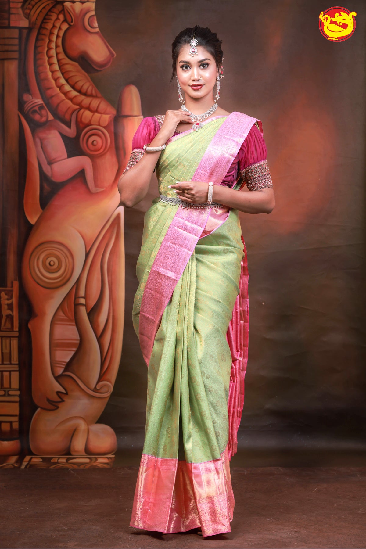 Light Green Wedding Silk Saree With Pink Pallu