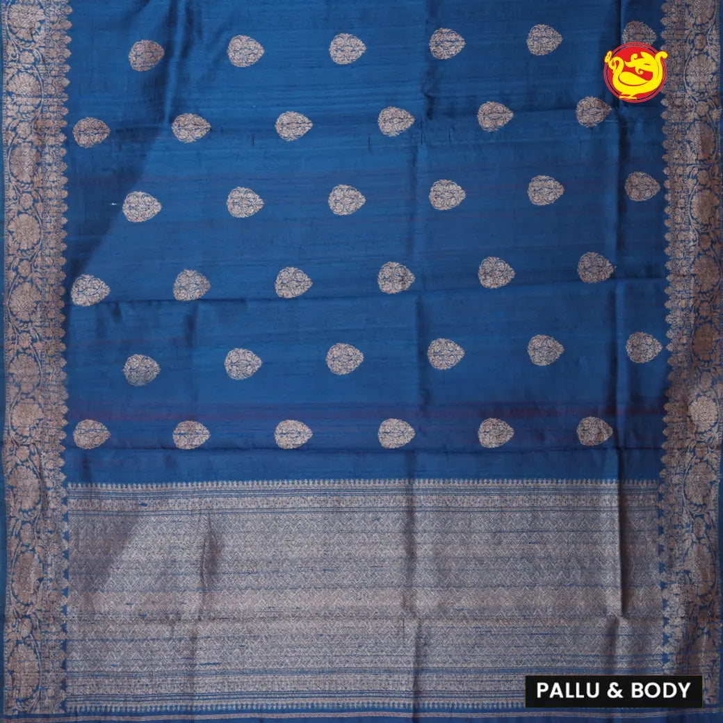 Blue With Maroon Contrast Blouse Floral Motifs Copper Zari Khadi Banarasi Tussar Silk Saree