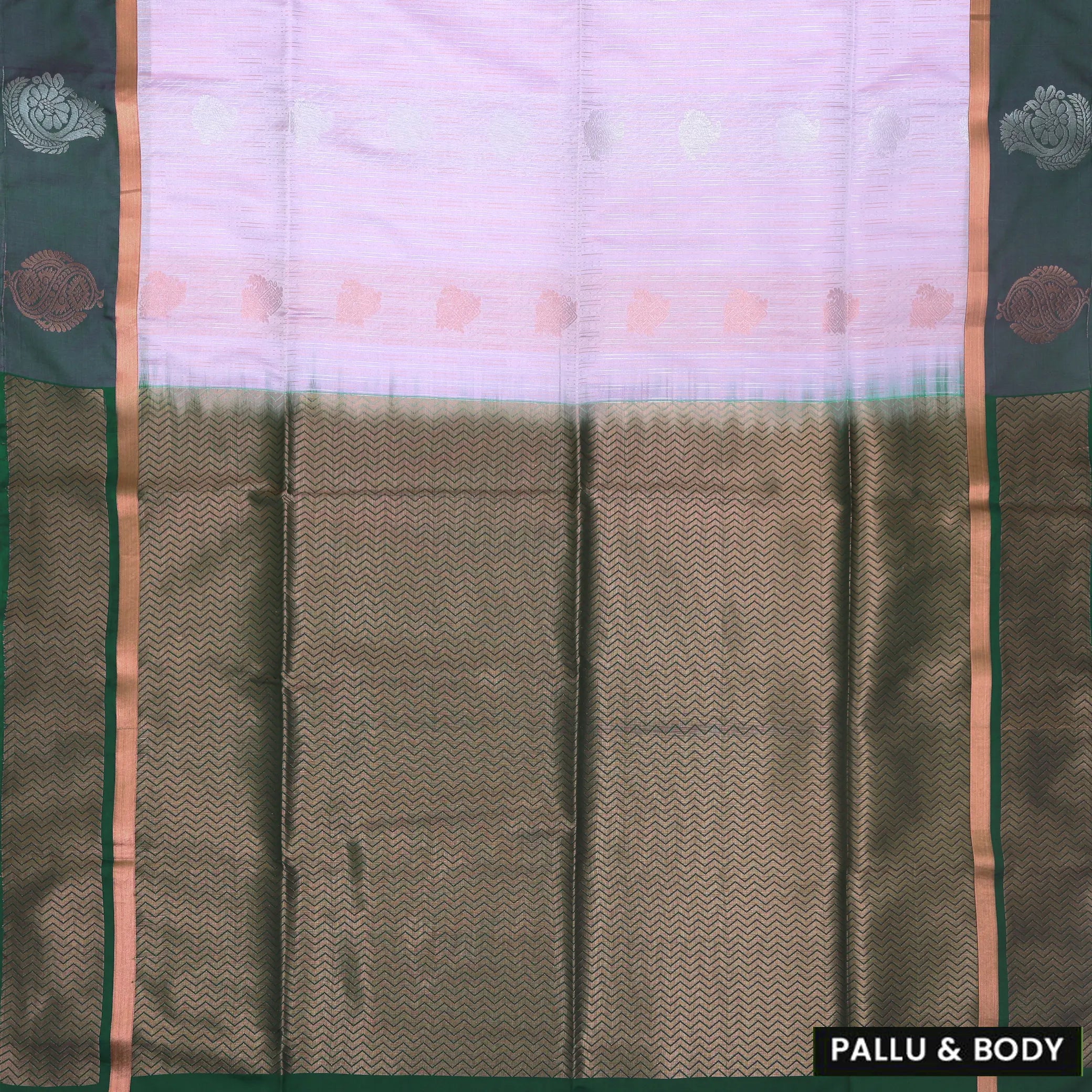 Pastel pink with bottle green semi soft silk saree