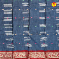 Gray & Blue with Red Pure Bengal Cotton Saree without Blouse