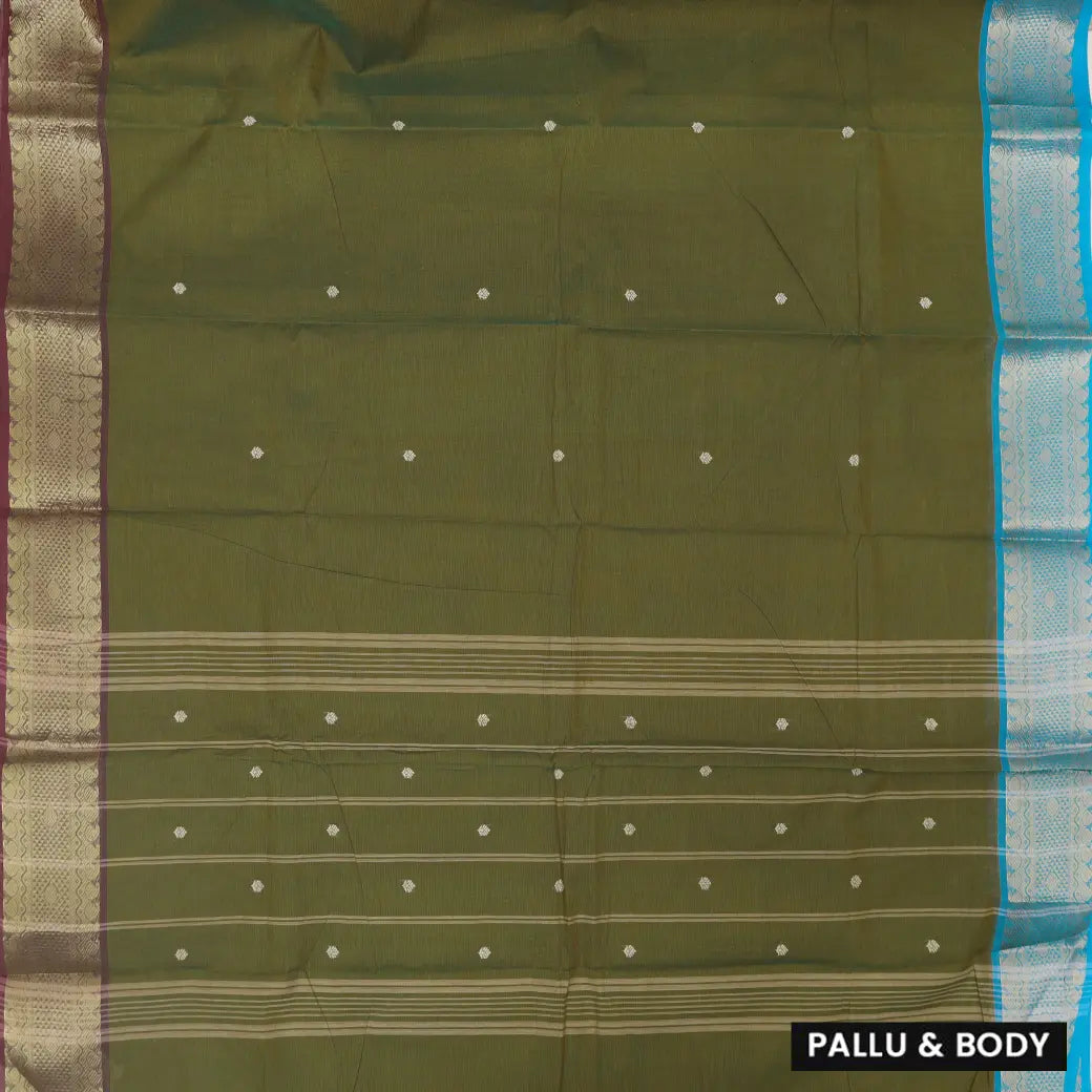 Dark Olive Green With Maroon And Turquoise Blue Border Pure Chettinad Cotton Saree with Blouse