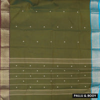 Dark Olive Green With Maroon And Turquoise Blue Border Pure Chettinad Cotton Saree with Blouse