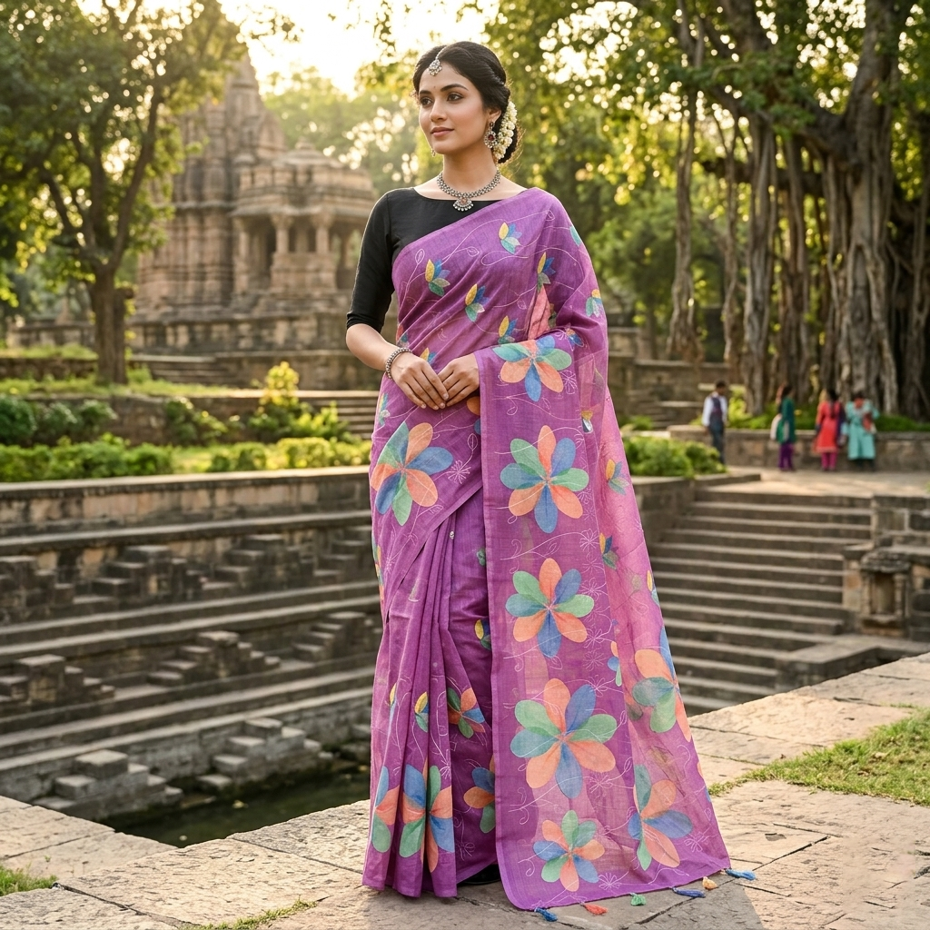 Lavender with Floral Design Trendy Tissue Fancy Saree