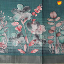 Dark Cyan With Floral Design Zari Border Digital Print Semi Linen Saree