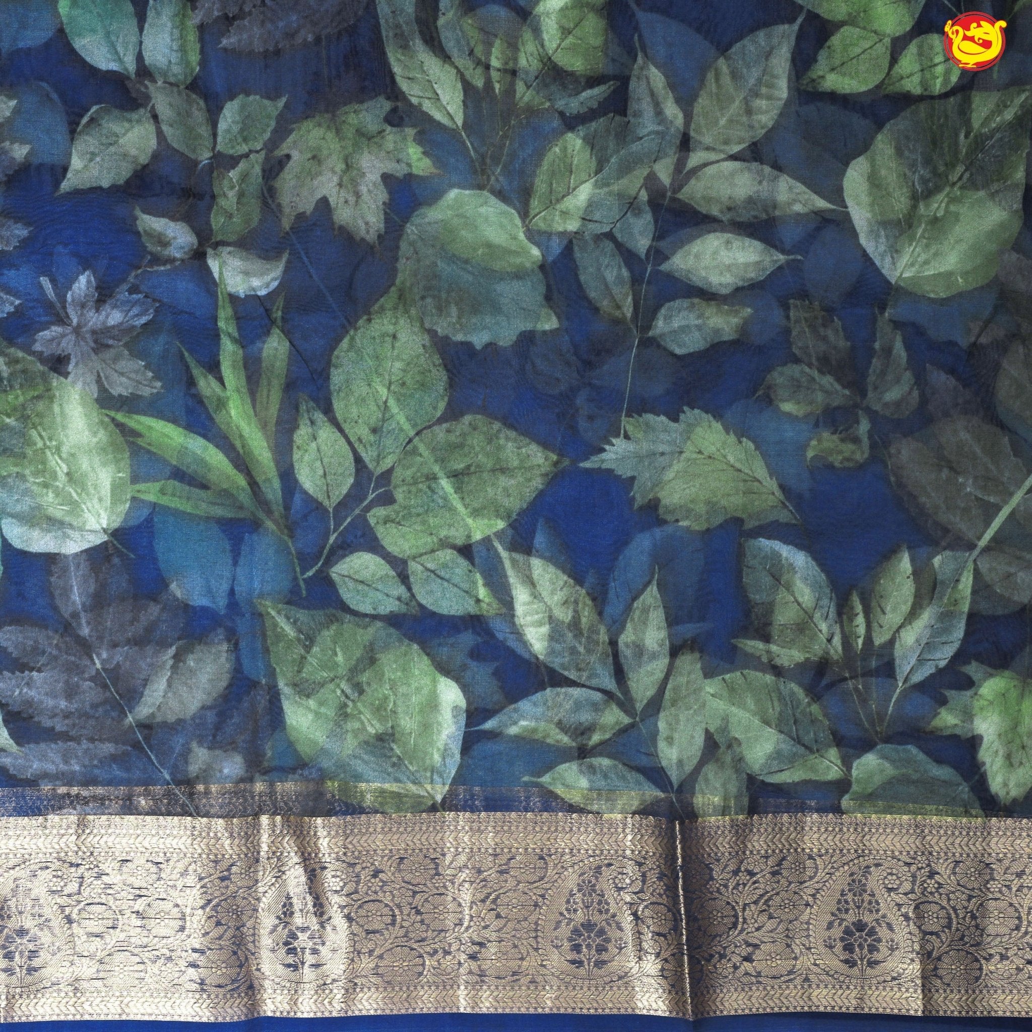 Navy Blue Pure Organza Silk With Gold Zari Border Digital Print Saree - Thenianantham