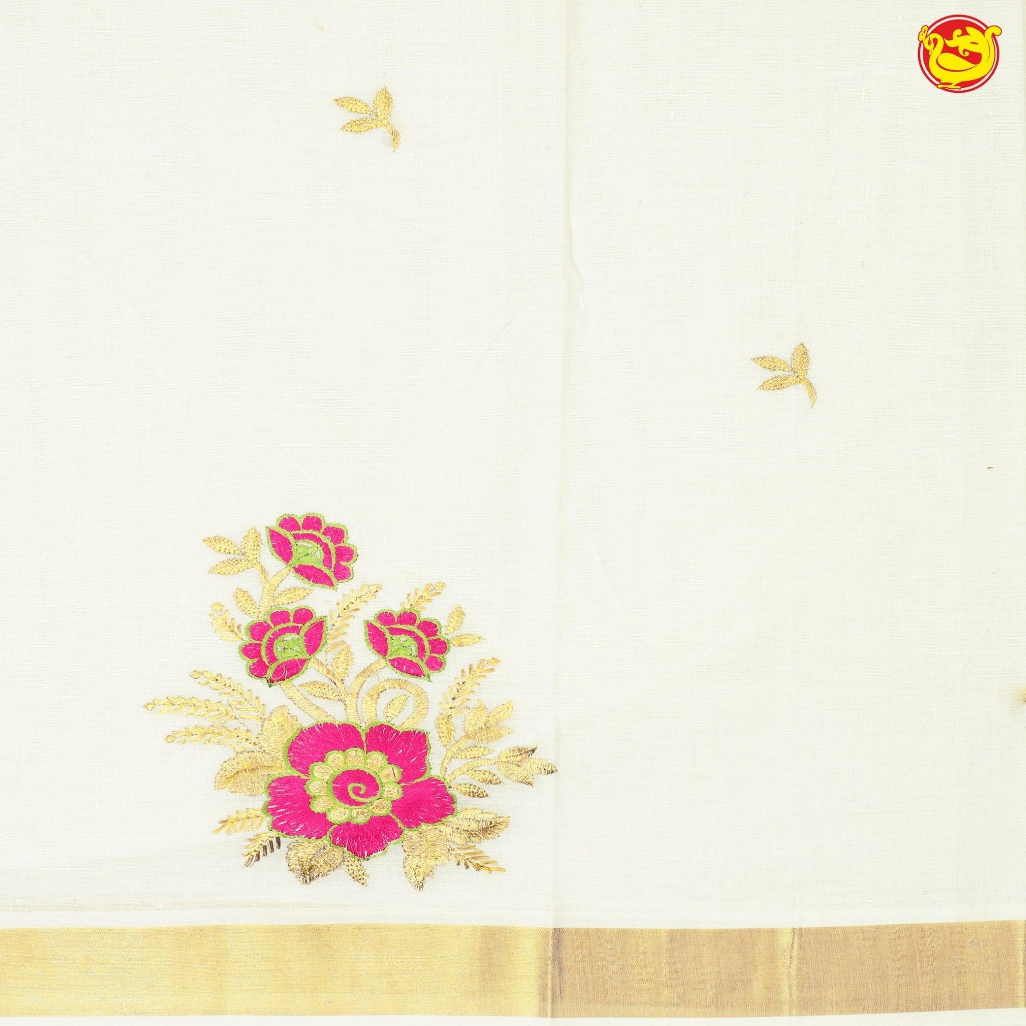 Southloom Exclusive Onam Kasavu Saree with Pink Floral High Quality Embroidery Across Body (Matching Plain Blouse Included) - Thenianantham