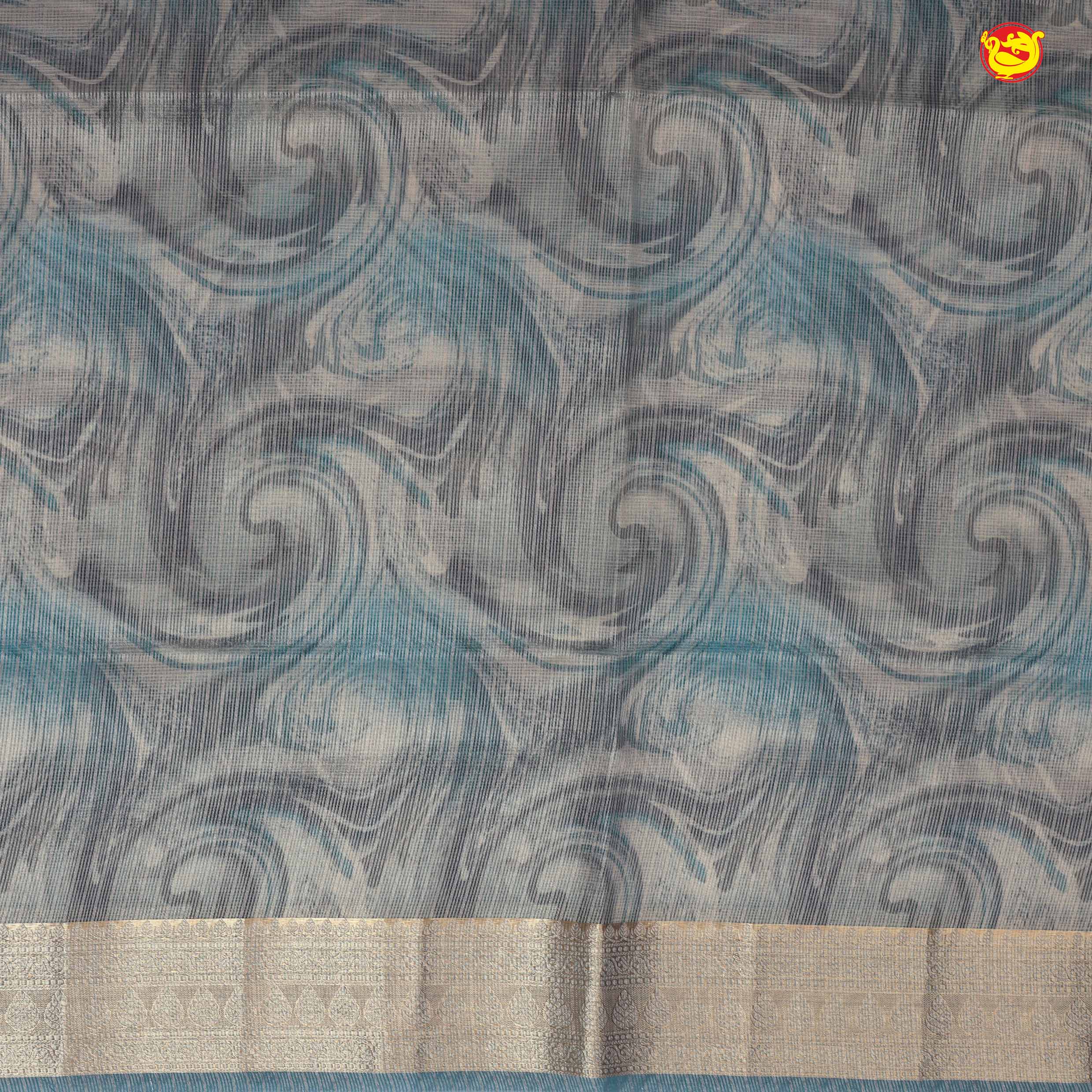 Bluish Grey with Gold Zari Border Tissue With Digital Prints saree