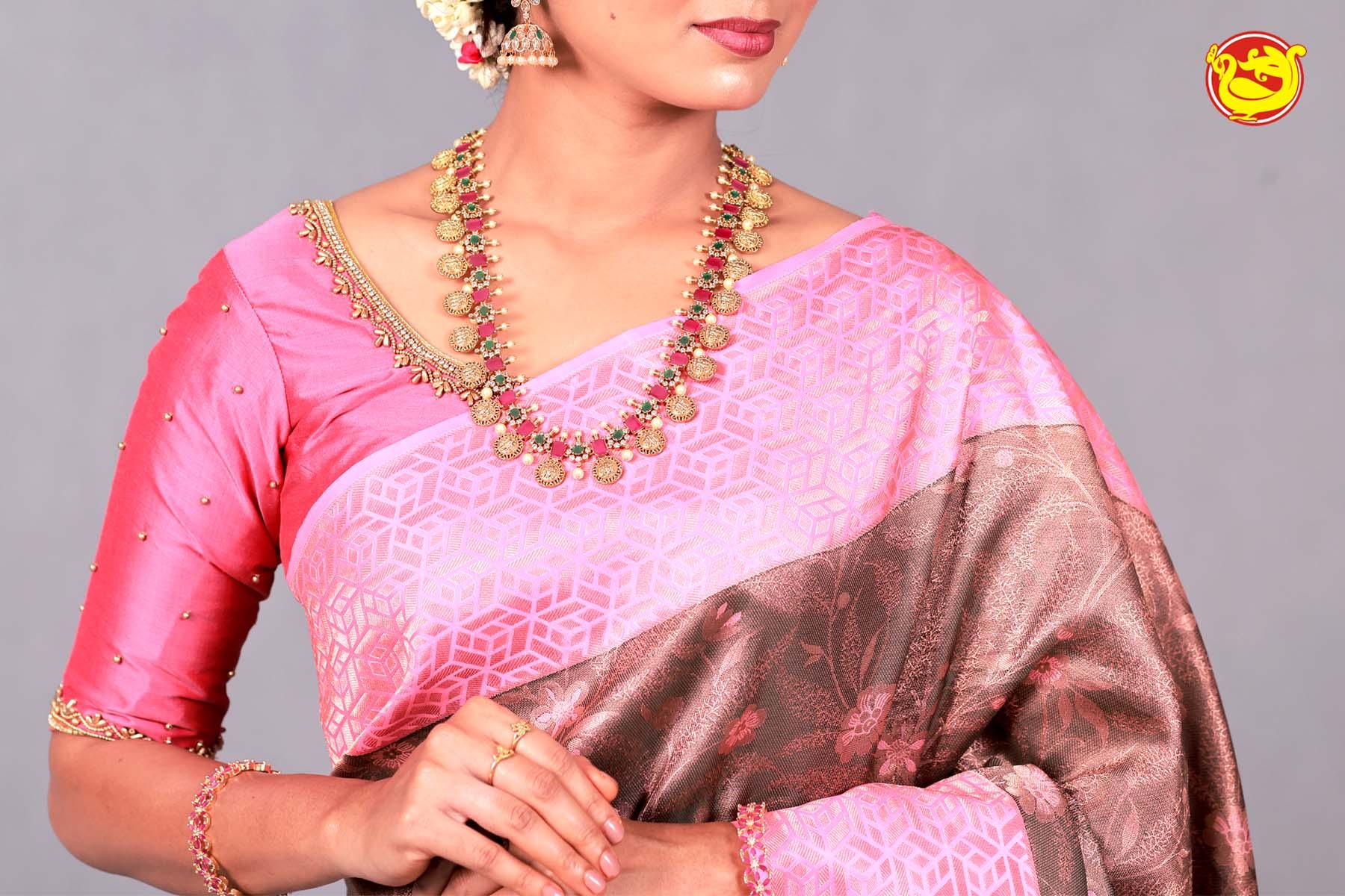 Brown Wedding Silk Saree With Pink Pallu - Thenianantham