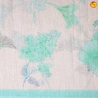 Sea Blue With Half White Floral Digital Print Linen Cotton Saree - Thenianantham